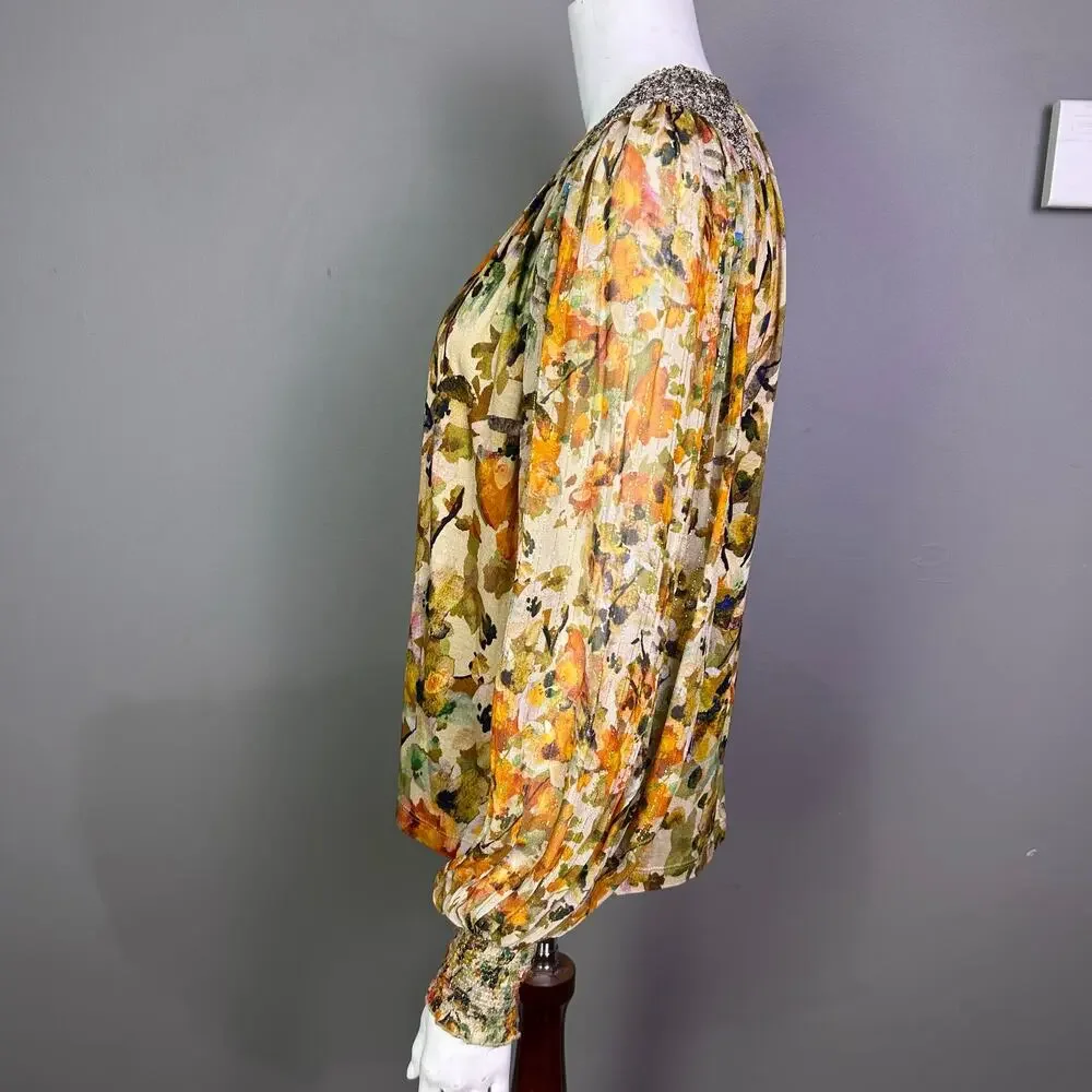Blank London + Anthropologie top small boho cottagecore puff metallic yellow